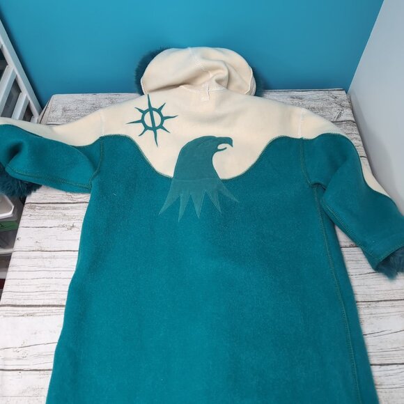 Linda Lundstrom Laparka Inuit Wool Parka w Eagle Motif in Teal and White Women M - Picture 9 of 10